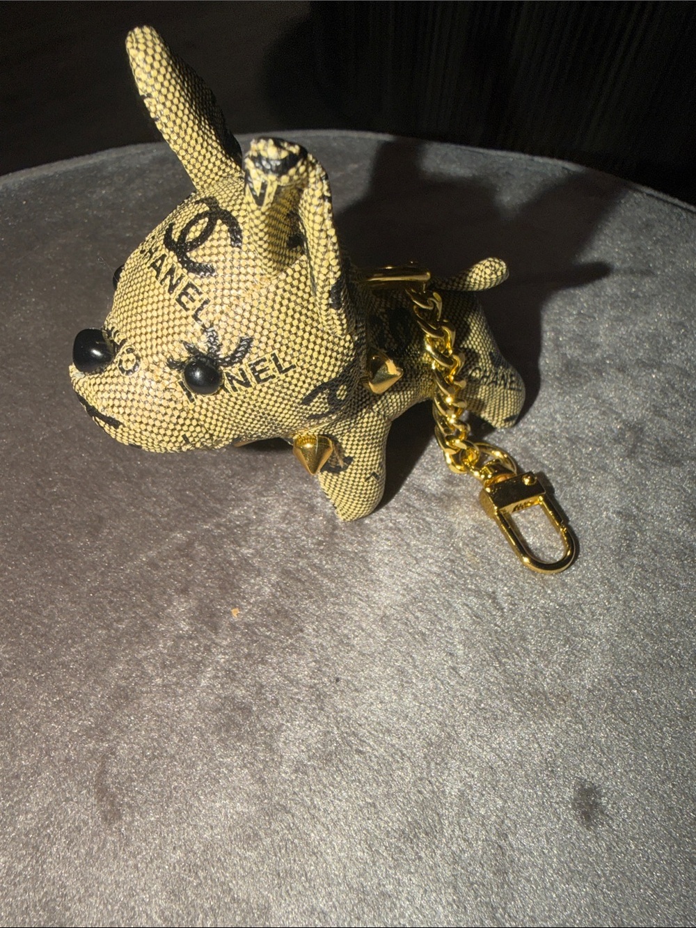 CHANEL Gold Logo Dog Puppy Keychain Bag Charm